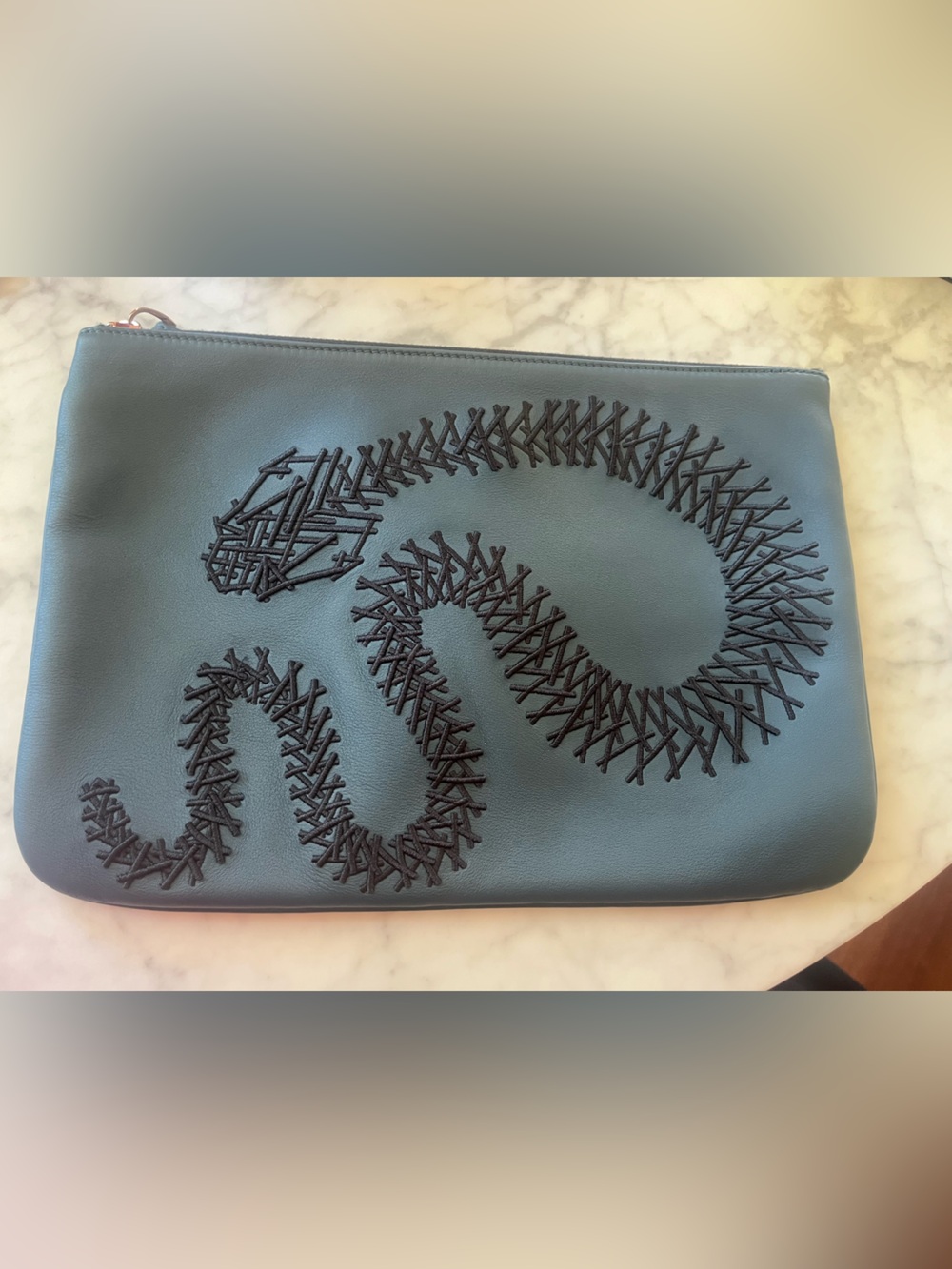 Men's Leather Snake Embroidered Pouch Clutch - Slate Blue